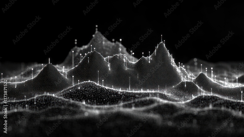 Aufkleber Abstract black and white particle landscape. Perfect for data visualization, technology backgrounds, or website headers.
