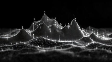 Abstract black and white particle landscape. Perfect for data visualization, technology backgrounds, or website headers.