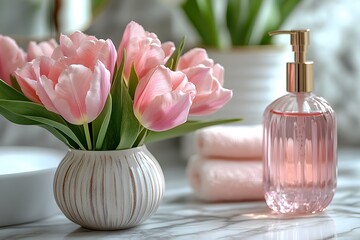 Pink Tulips and Elegant Lotion Dispenser in a Serene Bathroom Setting