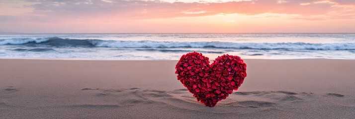 Big red heart made of rose petals standing on the beach during a colorful romantic sunset, perfect symbol for valentine's day, honeymoon, love, spring, or women's day