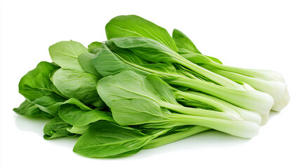 A pile of fresh green vegetables, including bok choy and leafy greens, arranged neatly against a white backdrop, highlighting their freshness and nutritional value