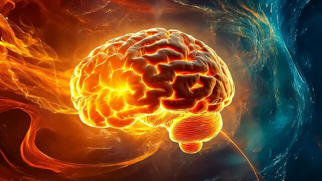 A vivid representation of a brain engulfed in flames, floating in a cosmic background. This image symbolizes the fusion of intellect and creativity, exploring themes of knowledge and enlightenment.