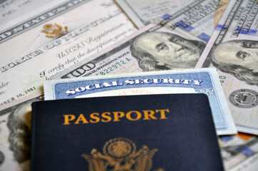 Social Security Card and US Citizen Passport. Documents, money.