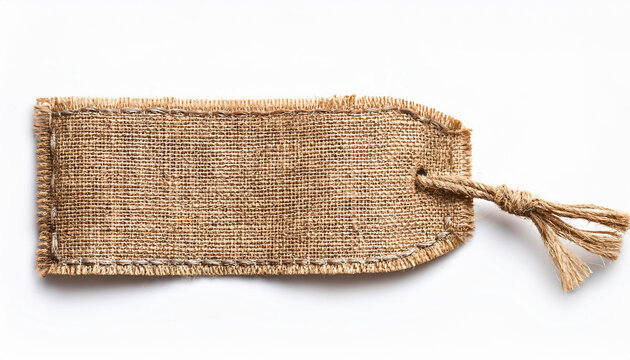 burlap fabric patch label sackcloth ribbon of linen jute sack cloth tag white isolated