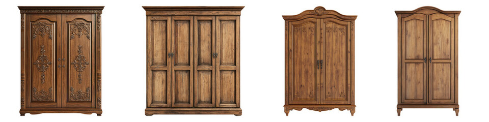 Vintage style wooden wardrobe isolated on transparent background, Set of