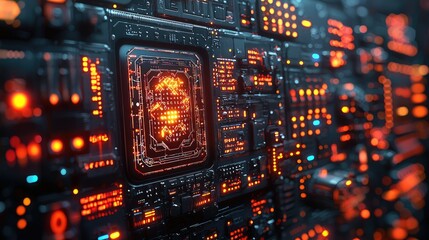 Obraz premium Futuristic red glowing circuit board, technological detail.