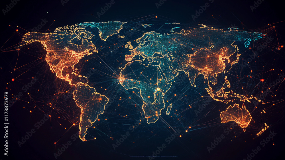 Poster global network of connections displayed on a digital world map. generative ai
