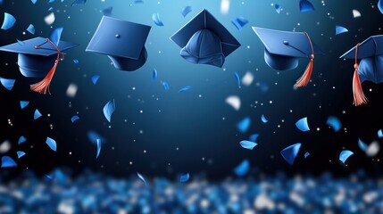 Blue graduation caps are tossed in the air amid a flurry of confetti. Ideal for graduation announcements, party invitations, or celebratory social media posts.