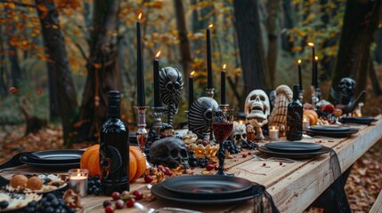 Spooky Halloween feast table setting in autumnal forest with skulls, candles, pumpkins, wine, and dark plates.
