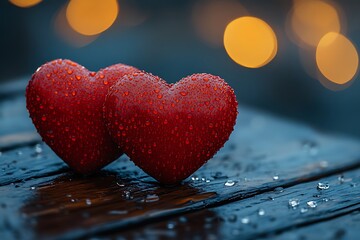Fototapeta premium Two Red Hearts Resting on a Wooden Surface