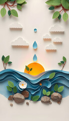 Paper art , Ecology and world water day , Saving water and world Environment day, environmental protection and save earth water, mindfulness theme, with white tones