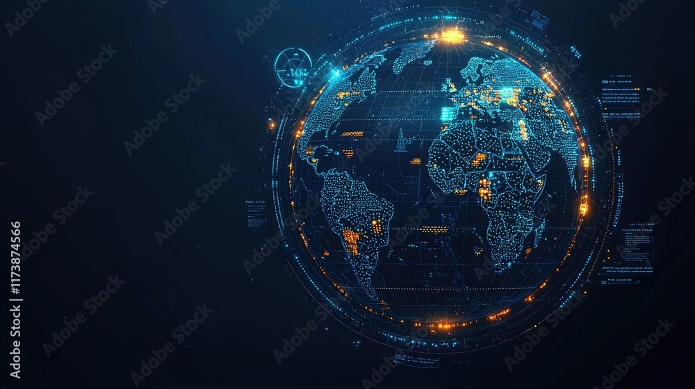 Poster global network connection, digital earth with data points.