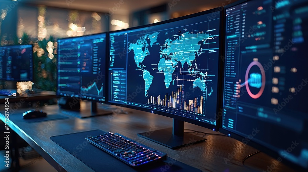 Poster global network data displayed on multiple monitors in a modern office.
