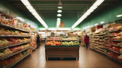 Fototapeta premium Blurred supermarket background, dim lighting, retro atmosphere, faded colors, vintage feel, slightly out-of-focus shelves, old-style cinematic look, warm tones, soft bokeh, nostalgic ambiance, classic