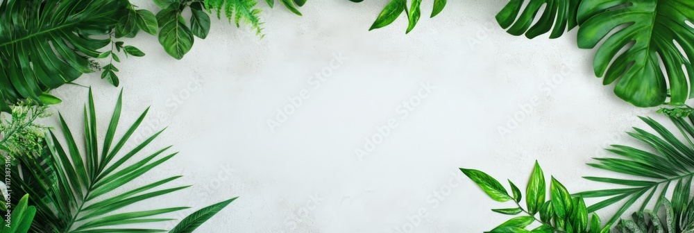 Poster Lush tropical green leaves creating a natural frame on an empty grey concrete wall, offering a perfect backdrop for design mockups and showcasing various concepts