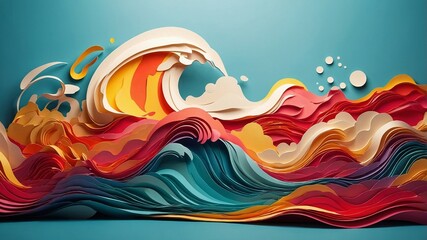 Obraz premium Abstract colorful papercut creative wave design vector, featuring dynamic flowing shapes, vibrant hues, artistic layered elements, smooth curves, intricate patterns, modern style, bright composition, 