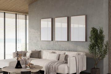 Elegant living room with a sectional sofa, blank canvas frames, and soft natural light through blinds. Minimalist decor with wooden accents. 3D Rendering
