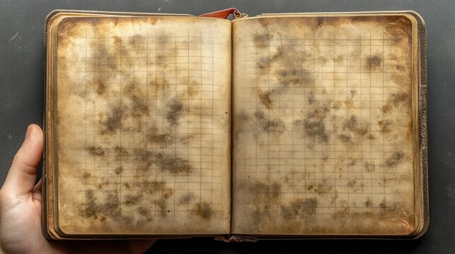 An open antique gridded notebook with aged and stained pages held by a hand. Ideal for vintage or historical-themed projects.
