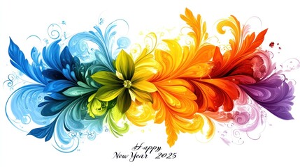 Vibrant floral design in rainbow hues. Ideal for New Year 2025 greetings cards, banners, and social media posts. Festive and colorful.