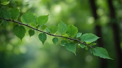 Obraz premium Limb covered with lush green leaves, gently swaying in the breeze, positioned against an unfocused background of blurred natural scenery, featuring vibrant tones of greens, offering a calm, peaceful, 