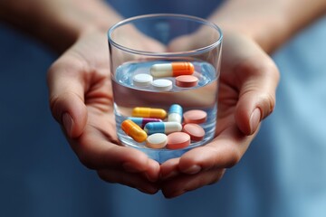 Healthcare Harmony: Close-Up Hands Holding Medication and Water Glass for Optimal Wellness, Pharmaceutical Treatment and mental health treatment Generative AI