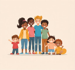 A group of multinational children stand together and smile