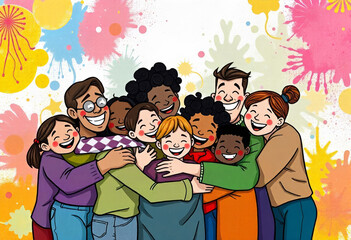 Fototapeta na wymiar Group of different people, multinational children and adults taking a group photo, hugging together