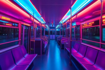 Fototapeta premium Empty transit vehicle, neon-lit interior, purple seats.