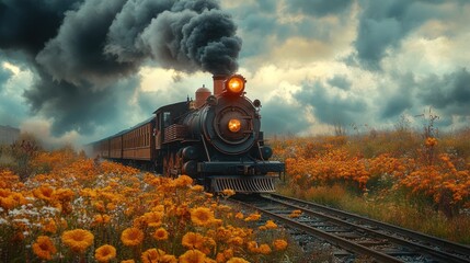 Steam train travels through autumnal field of flowers under dramatic sky.