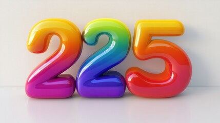 Vibrant rainbow gradient 225 number. Ideal for celebratory designs, birthdays, anniversaries, or attention-grabbing graphics. Adds a playful and colorful touch.