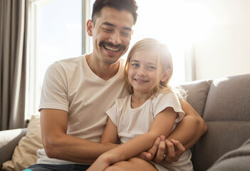 Obraz premium Portrait of father and daughter hugging on sofa at home in the sun