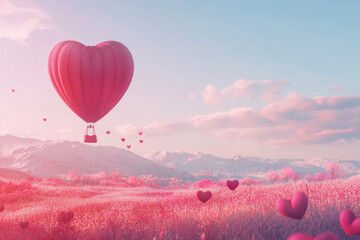 Fototapeta premium Hot air balloon shaped like a heart floating over a pink landscape under a pastel sky, symbolizing romance