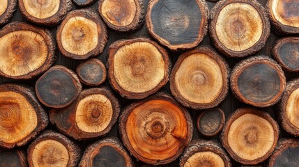 Stacked wooden logs revealing intricate textures and patterns in natural shades of brown and orange. Generative AI