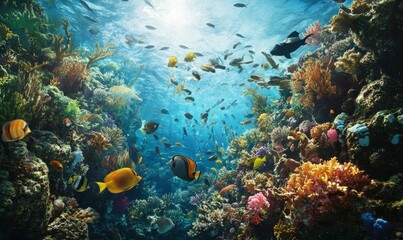 Fototapeta premium Vibrant coral reef teeming with colorful fish.