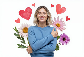 Beautiful girl in red sweater surrounded by flowers and hearts hugs herself. Self-love concept