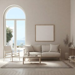 Fototapeta premium minimalist living room bathed in natural light from a large window. Frame mockup, Living room wall poster mockup. Interior mockup with house background. Modern interior design. 