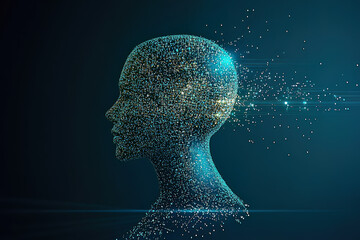Obraz premium A close-up, profile view of a blue digital human head with glowing circuitry, set against a blue background and shot from a low angle.