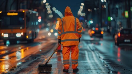 Street cleaner working at night on wet road.