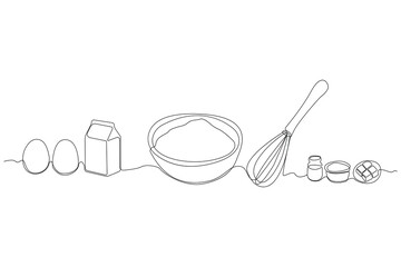 Hand-drawn cake ingredients concept line art drawing. Cooking concept line art icon.