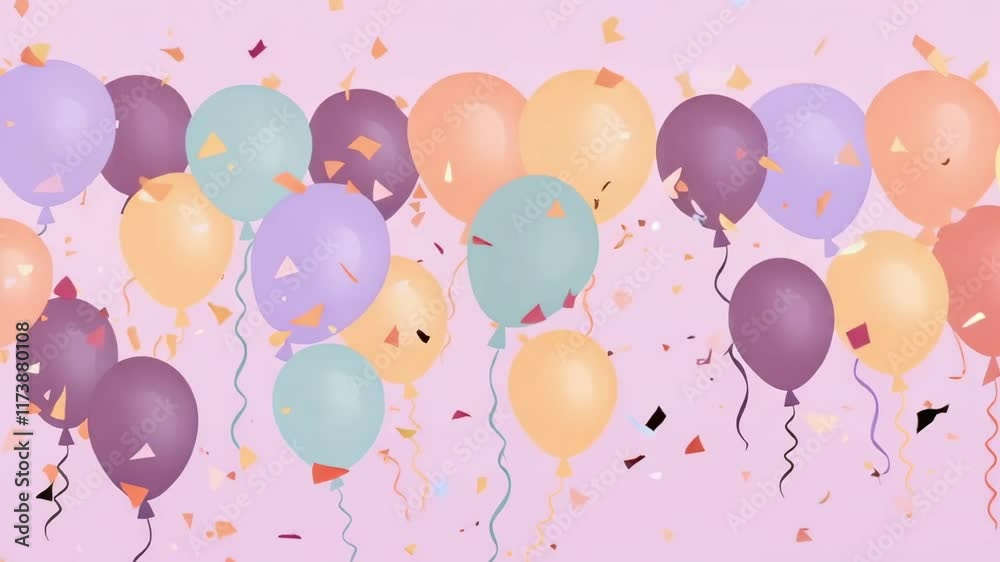 Poster colorful balloons floating against a pink background with falling confetti, creating a festive atmos