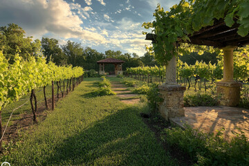 Beautiful vineyard with a stone path leading to a wooden pergola surrounded by flourishing vines