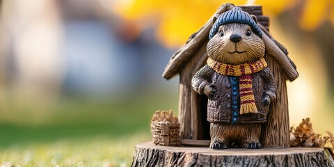 Naklejka premium anthropomorphic groundhog with hat, scarf, and jacket standing in front porch of tree stump house -