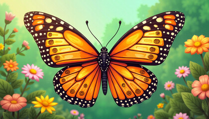 Fototapeta premium Colorful butterfly resting on flowers in a vibrant garden