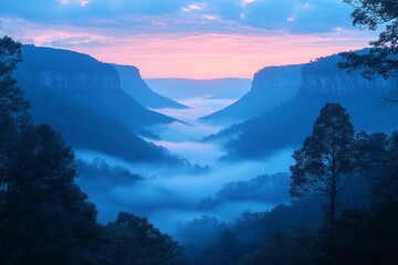 Fototapeta premium Photo réaliste d’un lever de soleil spectaculaire depuis un sommet, avec des teintes douces de rose et d’orange éclairant la vallée