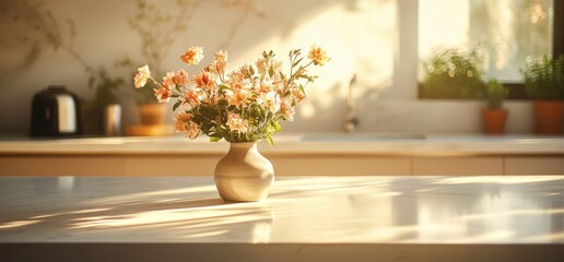 Sunlit kitchen counter with a vase of peach-colored flowers.