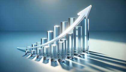 Transparent glass bar graph with an upward arrow on a light blue background, symbolizing growth and success.