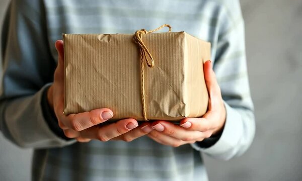 A Gift of Warmth: Hands Offering a Rustic Brown Wrapped Present