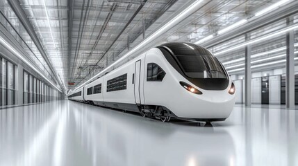 A sleek white high-speed train inside a modern station. Ideal for transportation, technology, and future-themed projects.