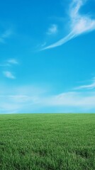 Fototapeta premium Green grass field meets a clear blue sky with light clouds, creating a serene and idyllic scene perfect for representing concepts of sustainability, eco friendliness, and environmental conservation