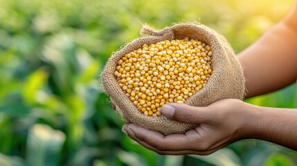 Farmer showing freshly harvested corn kernels against sunny blured background of a corn field. Harvested grain corn bnner with copy space

